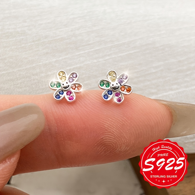 Women's S925 Sterling Silver Colorful Flower Stud Earrings